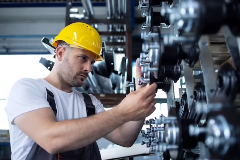 Industriearbeiter der an der produktionslinie in der fabrik arbeitet 342744 177